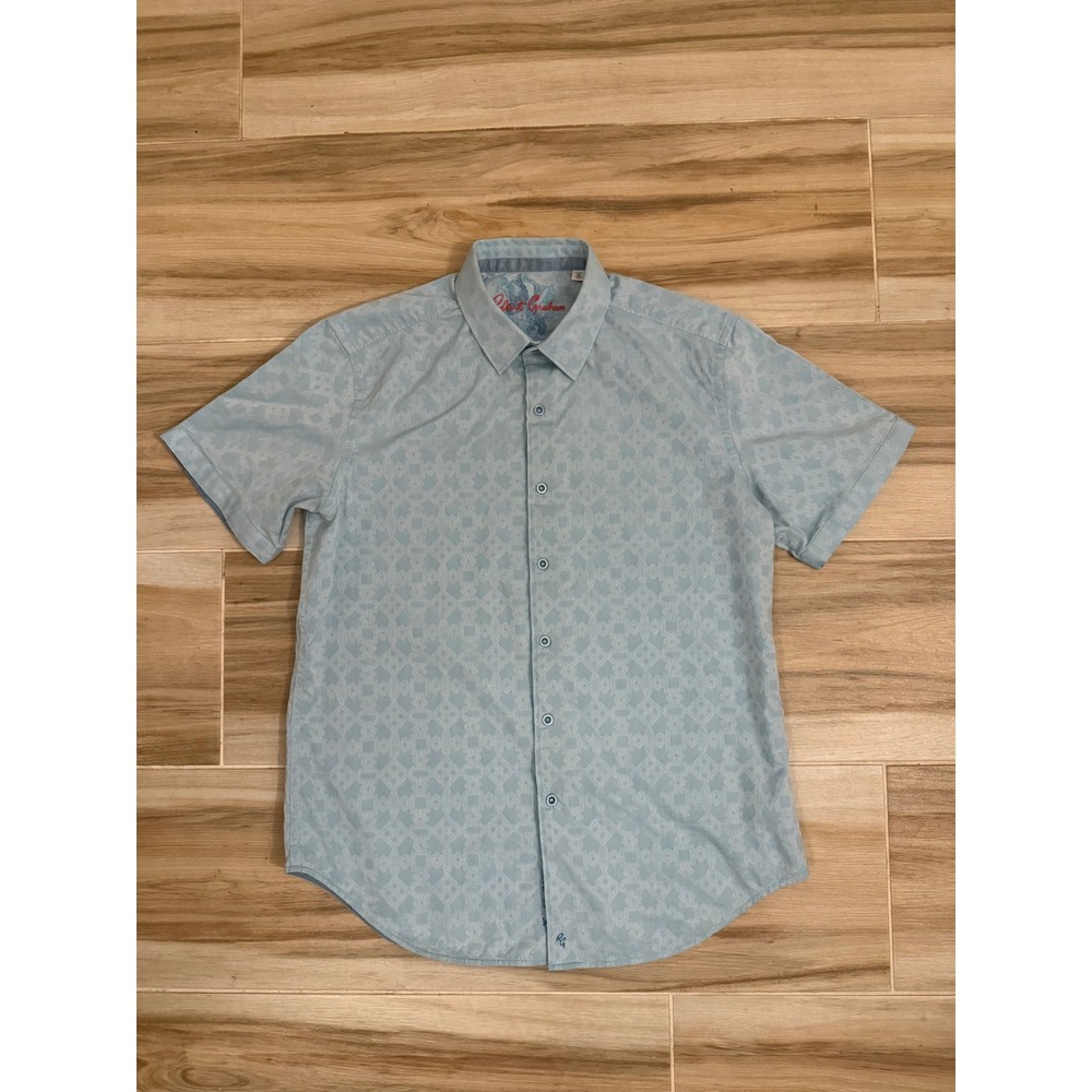 Robert Graham Mens Blue Geometric Jacquard Short Sleeve Button Down Shirt M